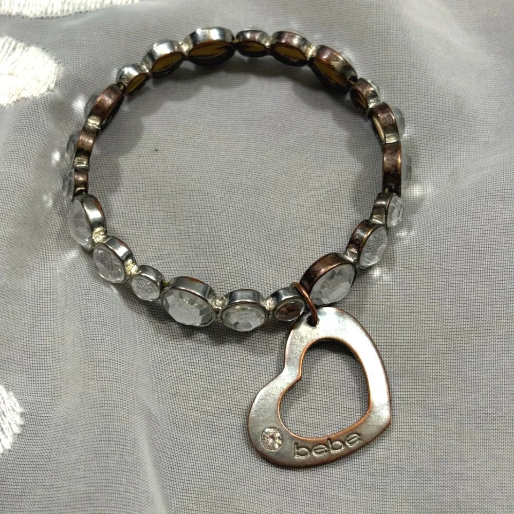 Y2K Mcbling Bebe Silver Tone Crystal Stretch Bracelet with Open Heart Charm Logo